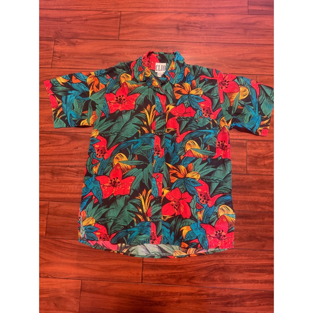 Clio Vintage 100% Silk Tropical Floral Hibiscus Button Down Shirt Small Mens